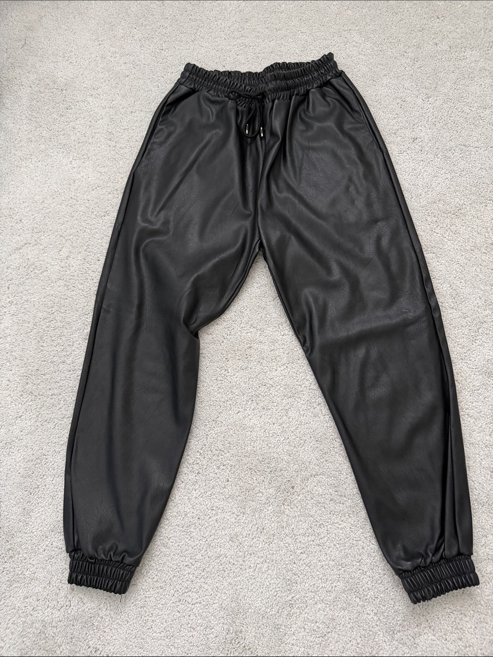 Black Faux Leather Jogger Pants - Casual Elastic Waist